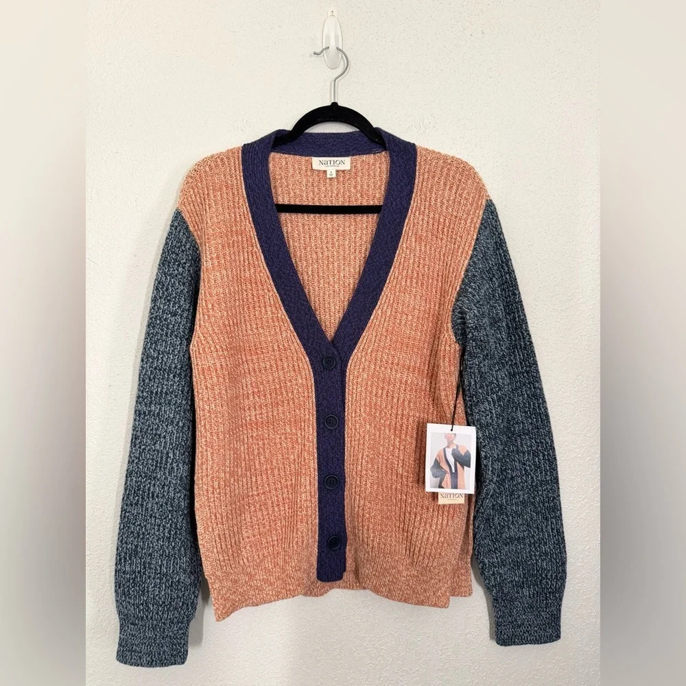 Nation LTD Sadie Colorblock Pheasant Marled Cotton Cardigan Sweater Small NEW